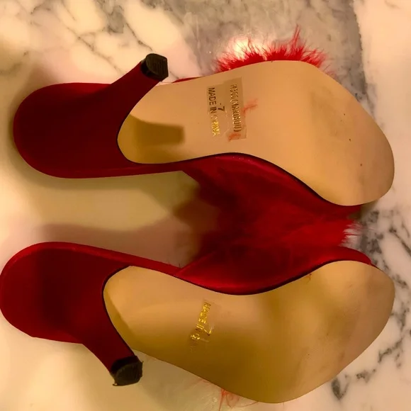 VTG Fredericks Of Hollywood Glamour Girl Marabou Slippers Red Feather Size 7 - Picture 8 of 10
